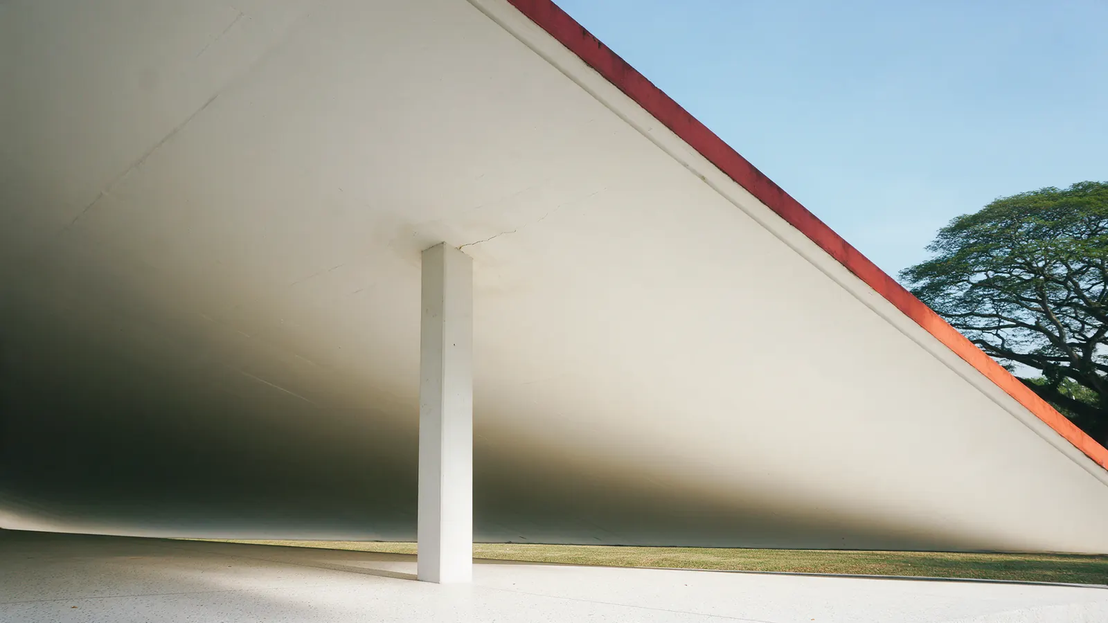 The underside of a flat white roof with a thin red edge, carried on a slender white column, beside a lawn and a large tree under a clear sky