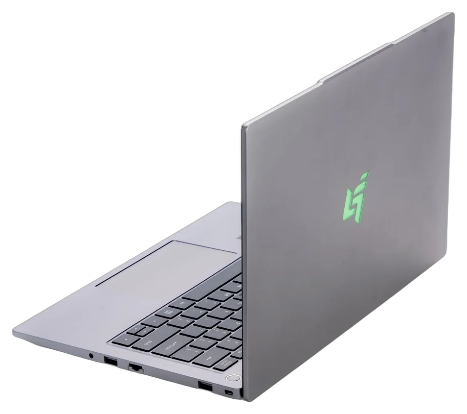 A Citzen laptop seen from behind and to one side, its grey lid half open with a green Citzen mark on it