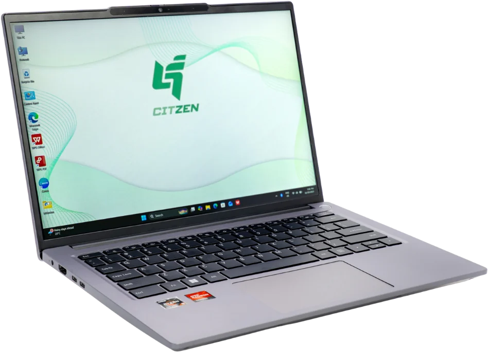 A Citzen laptop, open, seen from the front left