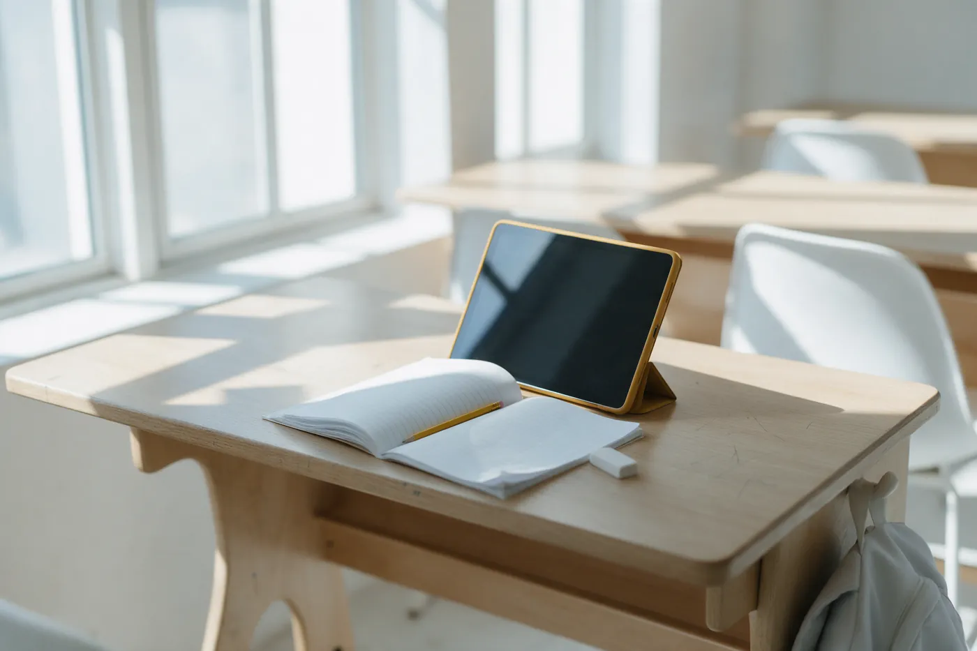 A tablet in a yellow case standing beside an open exercise book on a classroom desk by a sunny window