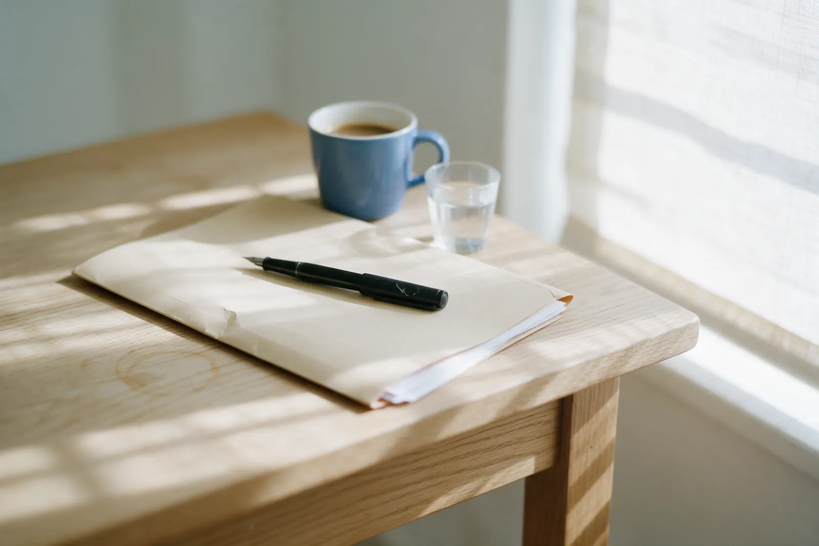 A closed manila folder with a fountain pen lying across it, a blue mug of coffee and a glass of water on a light oak table, in striped morning light from a linen blind