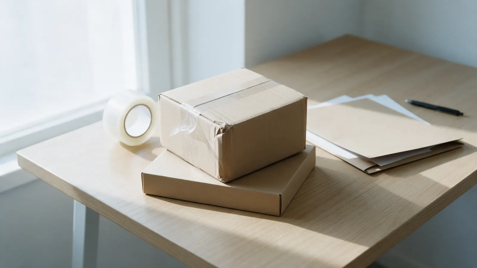 A small taped cardboard box on a flat box, a roll of clear packing tape, a kraft folder and a pen on a light oak desk by a window