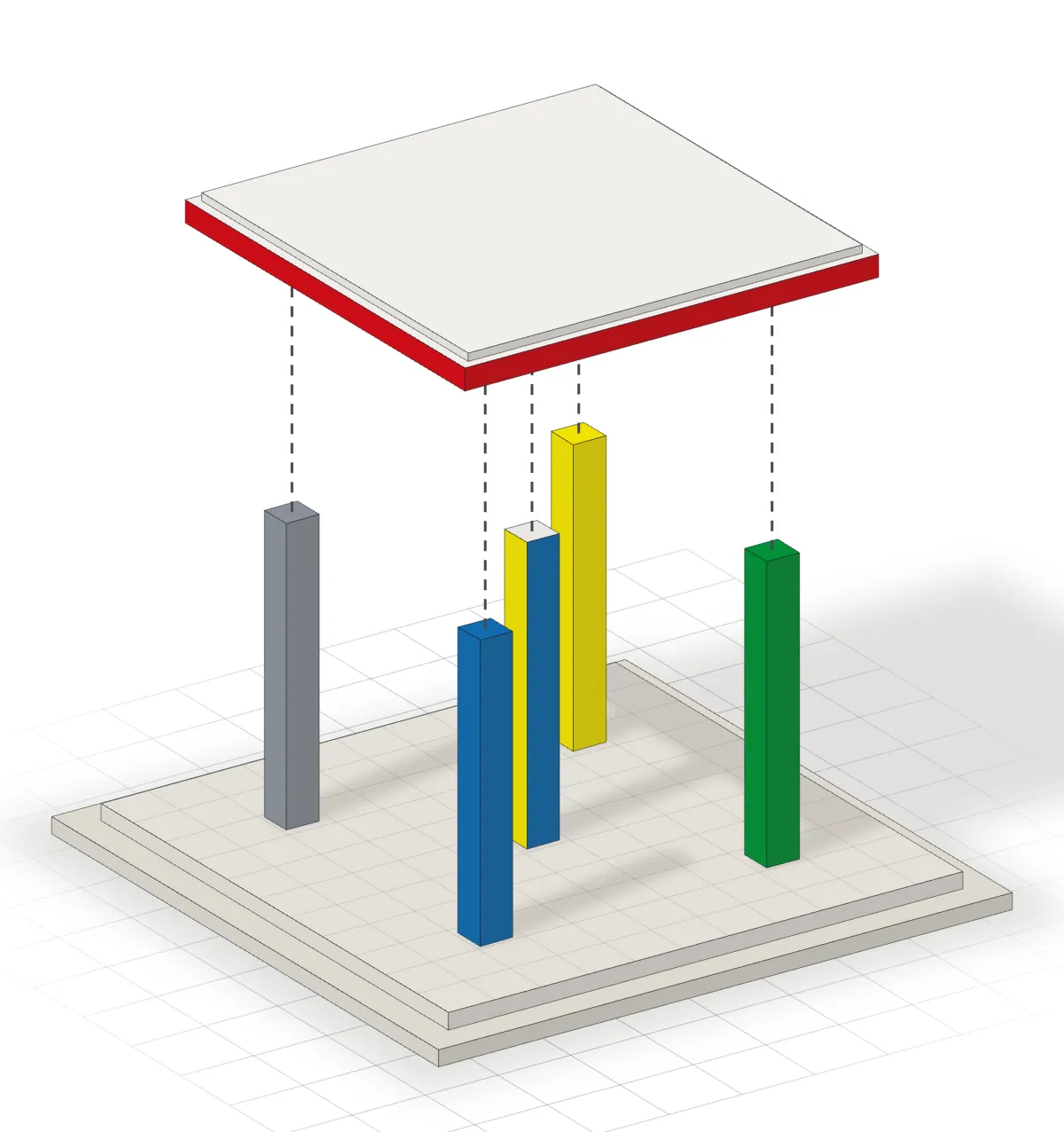 A drawing of the group as a structure seen from one corner: the red-edged roof lifted well above five coloured columns on a two-step base, a dashed line rising from every column to the roof