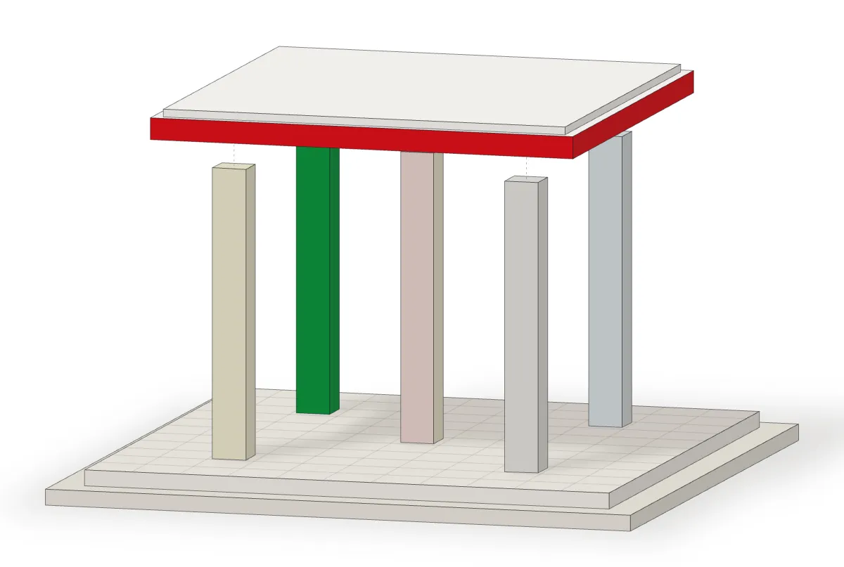 A drawing of the group's model seen almost from the front: five slender columns under a white roof with a red edge, the green column picked out and the others in pale tints, on a two-step base