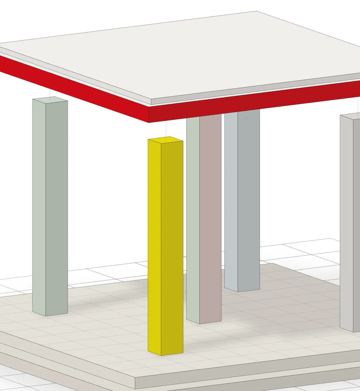 A drawing of the group's model seen low and close: the yellow column standing under the red edge of the roof, the other columns behind it in pale tints, on a gridded base