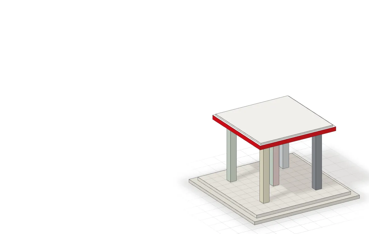A drawing of the group's model drawn small and off-centre on a pale ground: five slender columns under a white roof with a red edge, one column picked out in a neutral grey and the others in pale tints