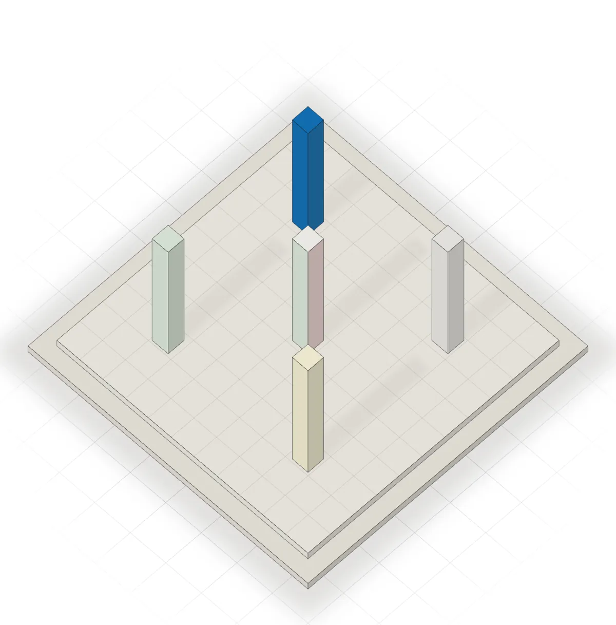A drawing of the group's model from above with the roof taken off: five slender columns standing on a square base, the blue column picked out and the others in pale tints