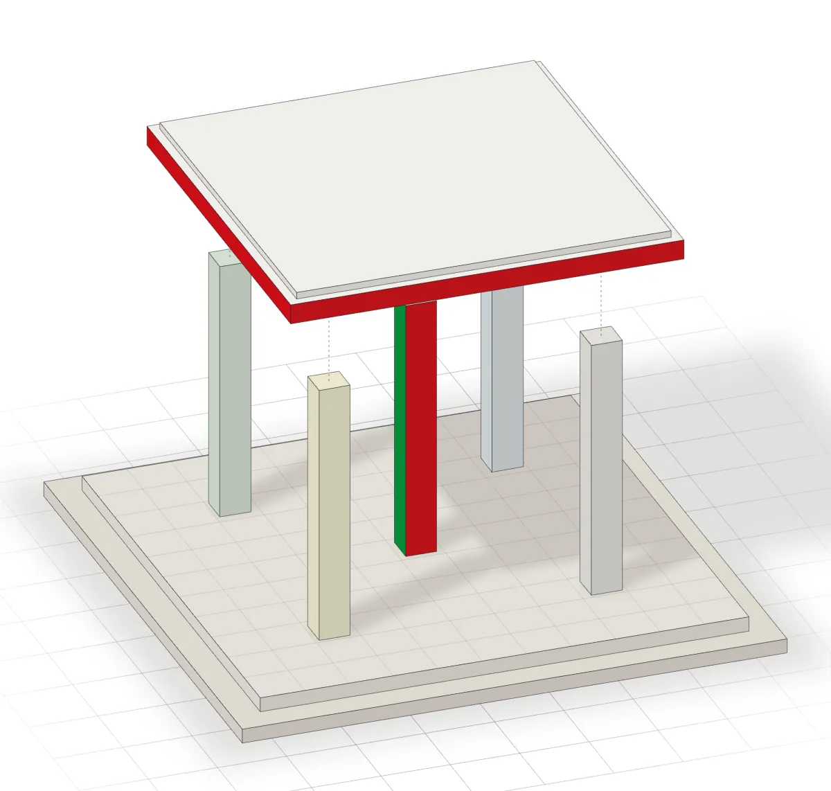 A drawing of the group's model with only the centre column in colour, its visible faces red and green, under a red-edged roof lifted above the columns; the four corner columns are pale