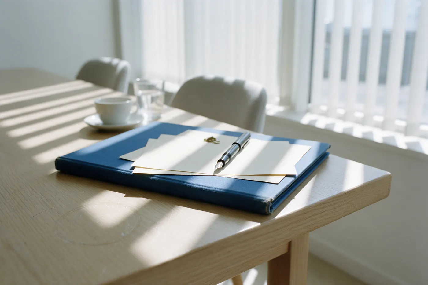 A blue cloth-bound folder with blank sheets and a fountain pen on a pale wooden table, striped with sunlight through blinds