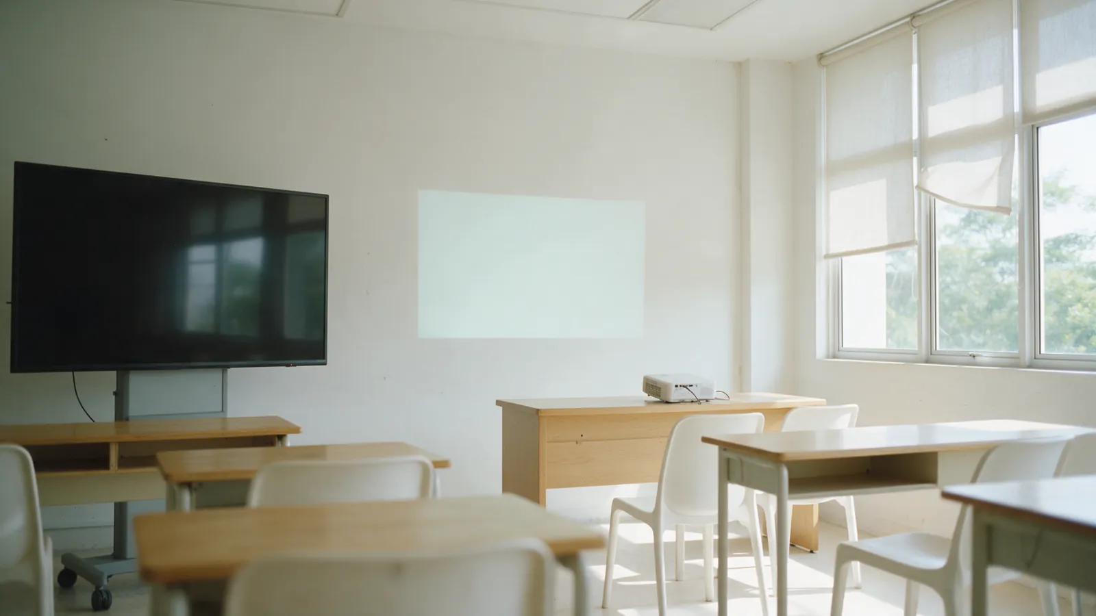 The front of a bright classroom with a large switched-off television on a stand beside a pale projected rectangle on the wall