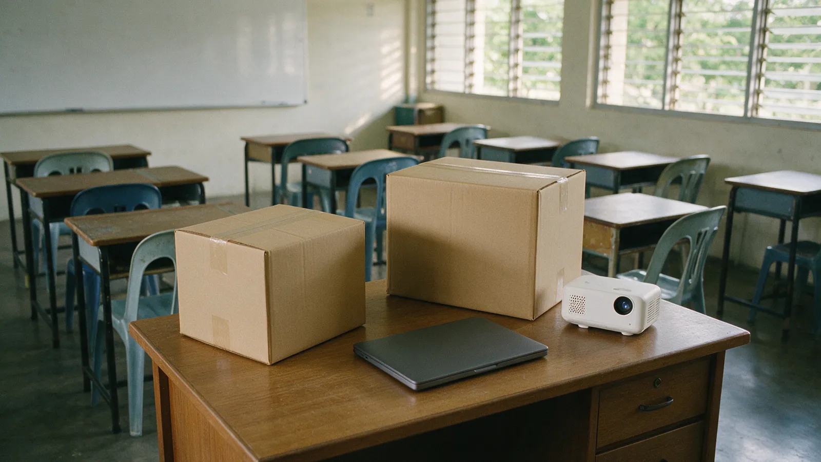 An empty classroom with two cardboard boxes, a closed laptop and a small projector on the desk at the front of the room