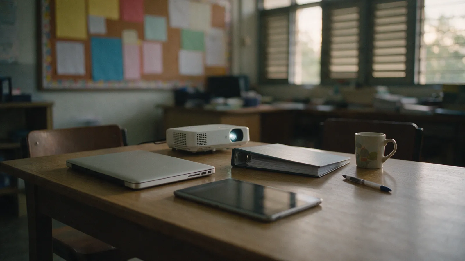 A staff-room table with a closed laptop, a small projector, a tablet, a ring binder and a mug