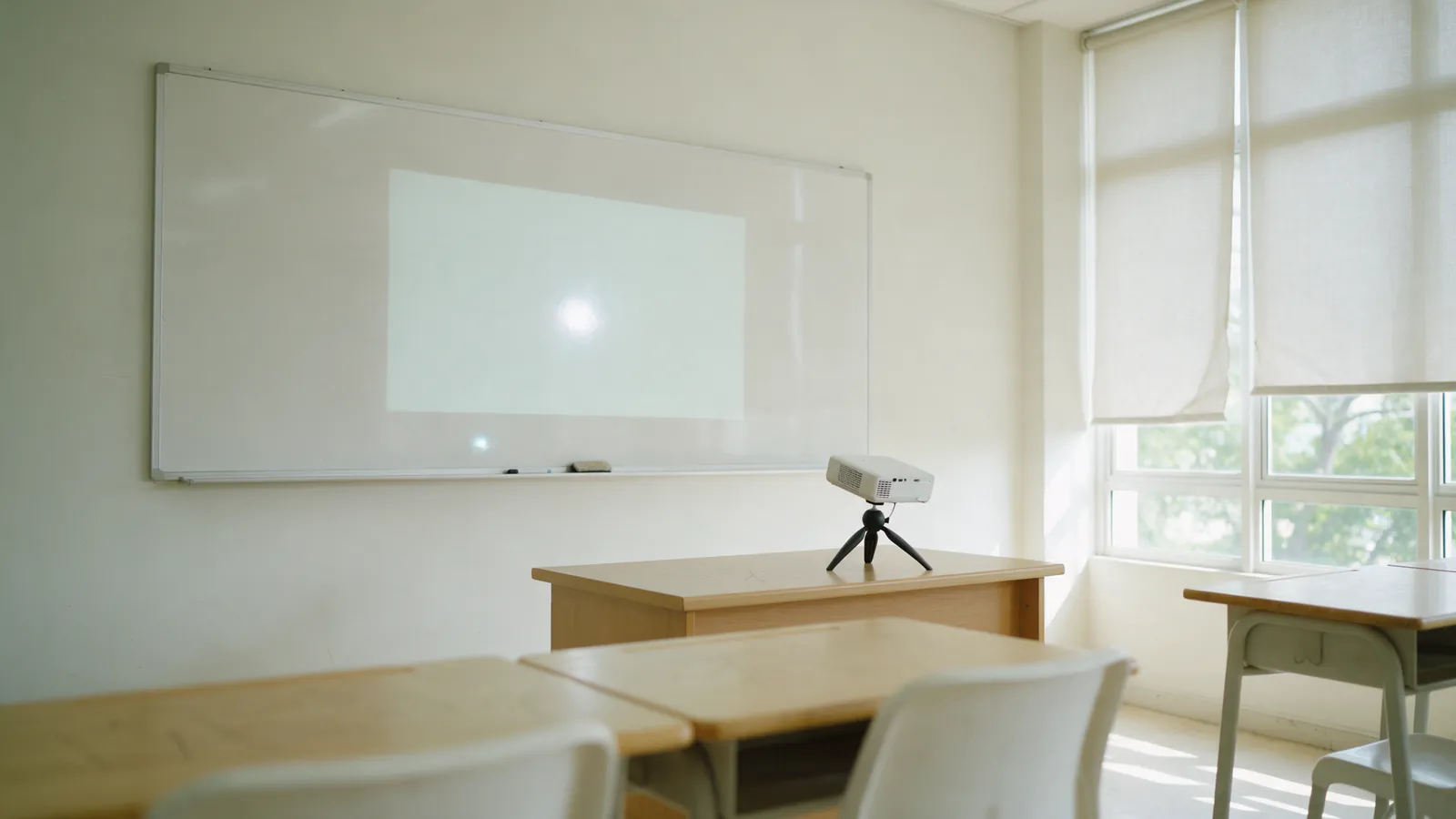 The front of a bright classroom with a whiteboard on the wall, a pale projected rectangle on the board with a small bright glare patch, and a small white projector on a tripod on the teacher's table