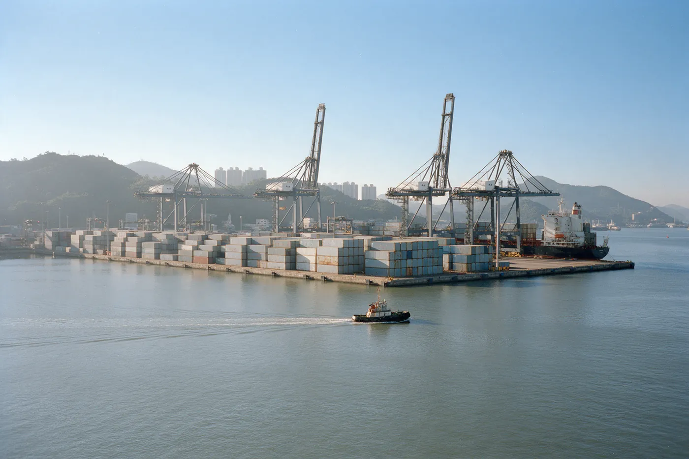 Container cranes, stacked containers and a berthed ship across a calm harbour on a clear morning
