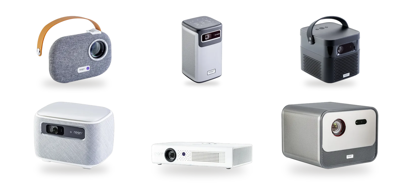 Six Neon+ projectors set out in two rows on a pale ground: the Q1 in grey fabric with a tan strap, the silver C2000 tower and the black K5 cube with a handle; below, the white fabric V8, the flat white V6 and the silver X5