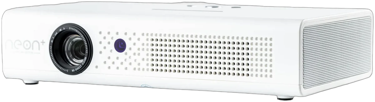 The Neon+ V6 portable smart projector, white, seen from the front